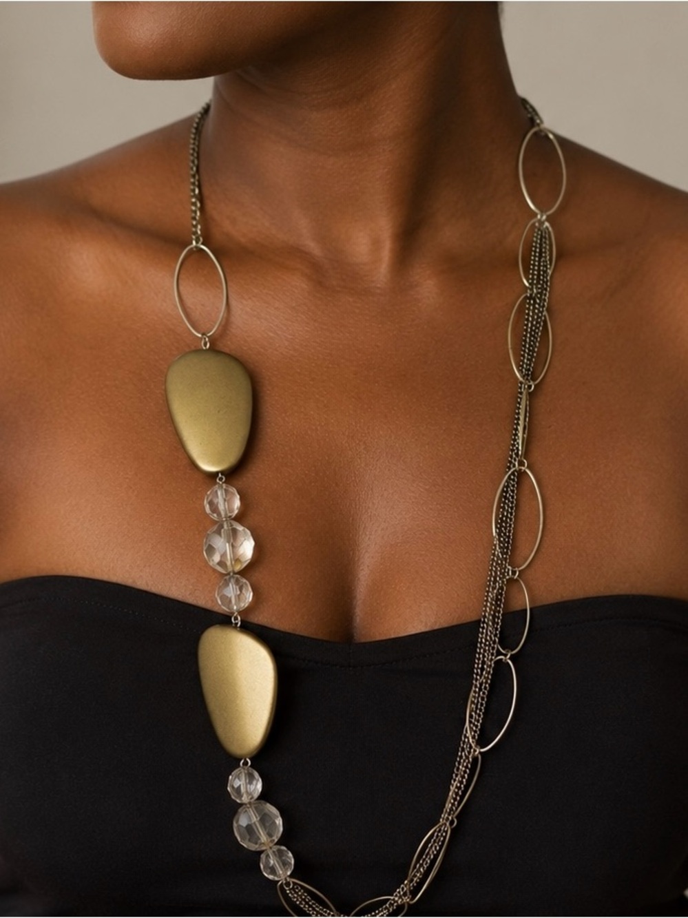Long Gold Pendant and Chain Necklace with Clear Beads - Women Jewelry